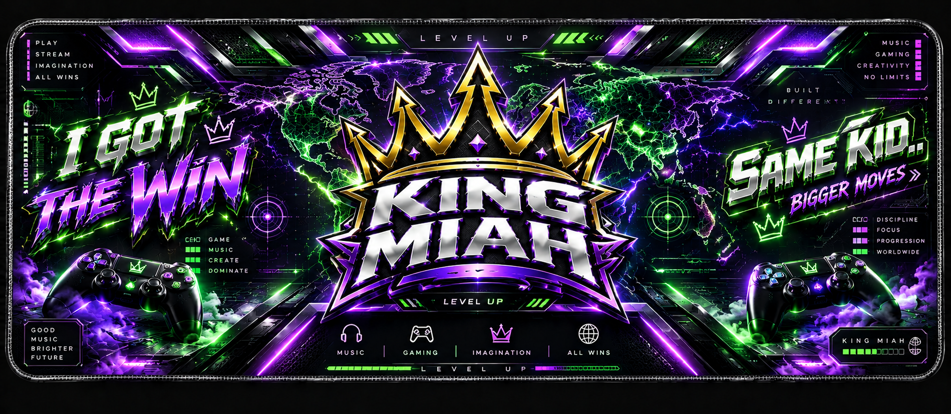 King Miah Gaming Mouse Pad — I Got The Win design with gold crown and neon blue